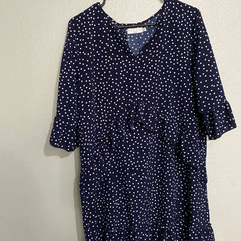 Dark blue dress or long blouse with tights